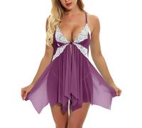 Lanunlly Camicia da Donna Intimo in Pizzo Rete Abito Senza Maniche Spalline Intera con Collo a V Fessura Cucito Babydoll Sensuale Trasparente Body Notte Floreale Sexy Chemise Elegante Comodi