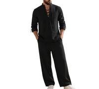 Lanunlly Completo Estivo da Uomo Cotone Lino Lung Pantaloni Eleganti Leggeri 2 Pezzi Casual Sportivo Coulisse con Tasche Losse Fit Lines Traspirante Set Tinta Unita Spiaggia Fitness Pigiama Forti