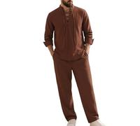 Lanunlly Completo Estivo da Uomo Cotone Lino Lung Pantaloni Eleganti Leggeri 2 Pezzi Casual Sportivo Coulisse con Tasche Losse Fit Lines Traspirante Set Tinta Unita Spiaggia Fitness Pigiama Forti