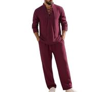 Lanunlly Completo Estivo da Uomo Cotone Lino Lung Pantaloni Eleganti Leggeri 2 Pezzi Casual Sportivo Coulisse con Tasche Losse Fit Lines Traspirante Set Tinta Unita Spiaggia Fitness Pigiama Forti