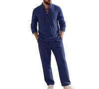 Lanunlly Completo Estivo da Uomo Cotone Lino Lung Pantaloni Eleganti Leggeri 2 Pezzi Casual Sportivo Coulisse con Tasche Losse Fit Lines Traspirante Set Tinta Unita Spiaggia Fitness Pigiama Forti