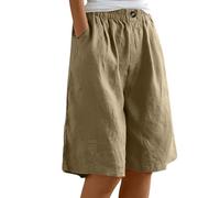 Lanunlly Pantaloncini Corti Donna Lino Mare Bermuda Vita Alta Eleganti Pantaloni Corti al Ginocchio Lavoro Baggy Shorts Mare Gamba Larga Tinta Unita Pantalone Corto da Spiaggia Vacanza Taglie Forti