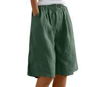 Lanunlly Pantaloncini Corti Donna Lino Mare Bermuda Vita Alta Eleganti Pantaloni Corti al Ginocchio Lavoro Baggy Shorts Mare Gamba Larga Tinta Unita Pantalone Corto da Spiaggia Vacanza Taglie Forti