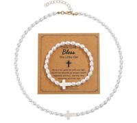 LANWLOSI Set di collana e braccialetto per la prima comunione, da donna, per battesimo, cresima, braccialetto di perle cattoliche, prima comunione, battesimo, regalo per figlia, nipote, sorella, Large