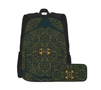 Lanyanlei Zaino e astuccio per matite unisex con motivo a cerchio asiatico in stile retrò, zaino multifunzione, due pezzi, borsa per la scuola casual con astuccio per ragazzi e ragazze