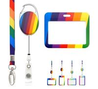 LanyardsTomorrow - Cordino retrattile arcobaleno con porta badge scorrevole e clip estensibile, set include cordino abbinato, clip per bobina Yoyo, porta carte d'identità colorato