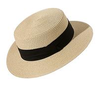 Lanzom Cappelli da sole per le donne a tesa larga cappello da barca di paglia pieghevole pieghevole pieghevole cappello da spiaggia per l'estate Fit taglia 6 8/7-7 1/4, Beige, M