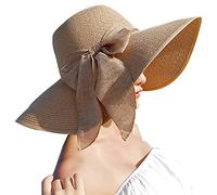 Lanzom - Cappello da donna a tesa larga, flessibile, in paglia, pieghevole, arrotolabile, adatto per spiaggia e sole, protezione UPF 50+, Taglia unica