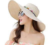 Lanzom - Cappello da donna in paglia con tesa larga da 14 cm, pieghevole e arrotolabile, protezione UPF 50+ - - Taglia unica
