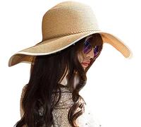 Lanzom - Cappello da donna in paglia con tesa larga da 14 cm, pieghevole e arrotolabile, protezione UPF 50+ - - Taglia unica