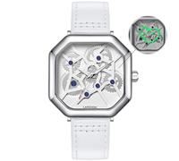 LANZOOM Orologio da uomo al quarzo luminoso punk a forma di cuore, acciaio inossidabile chirurgico 316L, design meccanico, cinturino in pelle bianca, impermeabile 3ATM, bianco, punk, fresco,