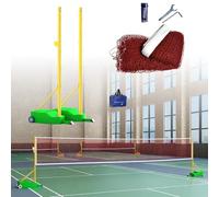 Laohucai Pali da badminton in metallo, pali da badminton con due reti da 6,1x0.76 m e base con pesi ricaricabili, per esterni e interni, palo standard da 61" per prati e spiagge