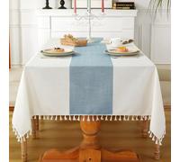 Laolitou Tablecloth for Dining Table Rustic Farmhouse Kitchen Tables Cloth Coffee Table Cover, Cotton Linen Fabric Small Rectangle Tablecloths, Beige, Blue Stripe, 55x102 Inch