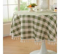 Laolitou Tovaglia rotonda a scacchi verde, lavabile, con nappe, in cotone e lino, a quadretti, per cene in famiglia, verde, rotonda, 152,4 cm, 2-4 posti
