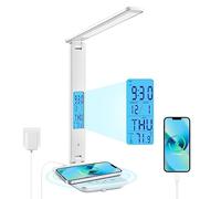 LAOPAO Lampada da Scrivania a LED con Ricarica Wireless e Porta di USB, Lampada da Tavolo Pieghevole Protezione Degli Occhi, Dimmerabile,Controllo Touch con Ora, Temperatura, Orologio e Memoria