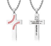 LAOYOU Collane con croce da baseball per uomini adolescenti, collane da baseball in acciaio inossidabile con citazione ispiratrice della Bibbia versi religiosi argento/nero/oro, 1PC Silver, Acciaio