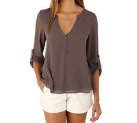 LaoZan Donne Camicetta V Collo Manica Lunga Chiffon Sciolto Tinta Unita Blusa caffè M