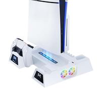 Lapezei Supporto sottile per PS5 con ventola di raffreddamento a 3 stadi, supporto PS5 con 1 porta USB/stazione di ricarica per controller/slot per telecomando/9 giochi per accessori PS5 (non per PS5