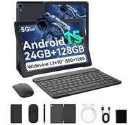 Laptok Android 15 Tablet 10 Pollici, 24GB RAM+128GB ROM, Octa Core 2.0GHz /WiFi 6+2.4G/GMS/5000mAh/Bluetooth 5.2/Widevine L1/8MP+5MP/Tablet 2 in 1 con Tastiera, Mouse, Cuffie, Penna e Custodia