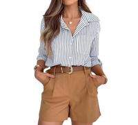 LAQEANH Camicia da donna a maniche lunghe con bottoni e righe verticali, colletto a rever, tasca applicata, vestibilità ampia e stile casual,Grigio,L