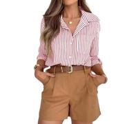 LAQEANH Camicia da donna a maniche lunghe con bottoni e righe verticali, colletto a rever, tasca applicata, vestibilità ampia e stile casual,Rosso,M