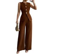 LAQEANH Completi da donna in 2 pezzi Gilet senza maniche con scollo rotondo e bottoni Pantaloni lunghi a gamba larga a vita alta,Marrone,L