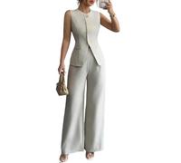 LAQEANH Completi da donna in 2 pezzi Gilet senza maniche con scollo rotondo e bottoni Pantaloni lunghi a gamba larga a vita alta,Apricot,S