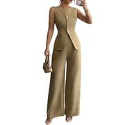 LAQEANH Completi da donna in 2 pezzi Gilet senza maniche con scollo rotondo e bottoni Pantaloni lunghi a gamba larga a vita alta,Cachi,L