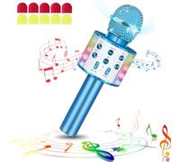 laqula Microfono Karaoke Bluetooth Wireless Con Luci a LED Portatili Portatili Cantanti per Altoparlanti Karaoke Giocattoli Gift per Bambini per Bambini (Blu, Con 10 Coperture Microfono Usa e Getta)