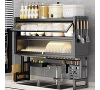 Lar - Scolapiatti da lavello a 3 ripiani, con sportello ribaltabile, salvaspazio, per sali e piatti, ripiano multifunzione in metallo (nero, 95 cm)
