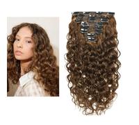 Larafona 22inch/55cm Extensions Clip Umano Capelli Veri 100% Remy Castani più Chiari 8# Natural Wave Ricci per Testa Piena 8pc 120gram