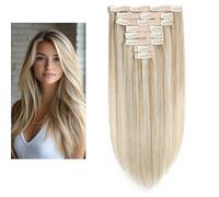 LARAFONA Extension con clip in capelli veri, biondo chiaro con ciocche castano, 100% capelli Remy lisci, biondo, P8/60/# 18 pollici/45 cm