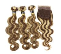 Larafona Extension Tessitura Capelli Veri Mossi 3 Pezzi P4/27# Marrone/Miele Biondo 100% Human Hair Bundles and Lace Closure (3pc 55cm+40cm closure)