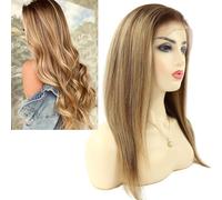 Larafona Parrucca capelli umani Glueless Full Lace Wig marrone ciocca bionda 100% Remy Human Hair Wig con capelli del bambino 45 cm