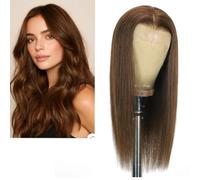 Larafona Parrucca completa di capelli veri, castano chiaro 6# lisci, 100% capelli umani Remy, pizzo trasparente pre-pizzicato, con capelli di bambini, 12in / 30 cm