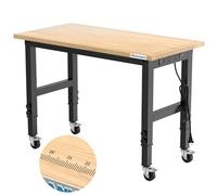 LARBANKE 120cm Banco da Lavoro per Garage,Banco da Lavoro in Legno di Gomma con 5 Altezze Diverse Regolabili,Capacità di Peso del Tavolo da Lavoro Oltre 900KG,con Ruote Frenanti,per Officina,Garage