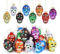 Larber 14pcs Giorno dei Morti Vetro Teschi Ornamenti Colofur Vetro Cranio Decorazion Appendere Infrangibili Cranio per Halloween Interni del Giorno dei Morti Dia De Los Muertos Decorazion