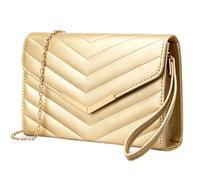 Larcenciel Pochette dorata in pelle vegana con cinturino da polso e catena, elegante busta trapuntata, borsa da sera, alla moda, borsa a tracolla per matrimoni, feste, balli, appuntamenti, banchetti