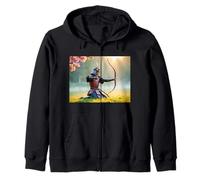 L'arciere samurai si inginocchia all'alba, mirando con l'arco Yumi Felpa con Cappuccio