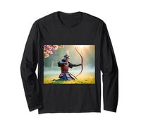 L'arciere samurai si inginocchia all'alba, mirando con l'arco Yumi Maglia a Manica