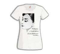 L'Arcobaleno di Luci T-Shirt Donna Audrey Hepburn con Citazione Stampata in Argento L'eleganza è la Sola Bellezza Che Non sfiorisce mai by (S, Bianco)