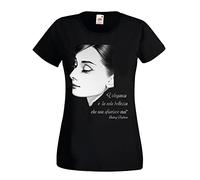 L'Arcobaleno di Luci T-Shirt Donna Audrey Hepburn con Citazione Stampata in Argento L'eleganza è la Sola Bellezza Che Non sfiorisce mai by (S, Nero)