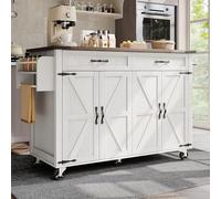 LARFOEK Carrello da cucina su ruote, isola da cucina con piano di lavoro pieghevole, armadio da cucina con quattro ante e due cassetti, carrello da portata in legno, 140 x 45 x 92 cm, bianco