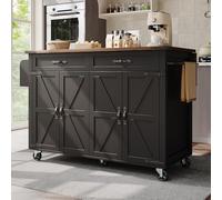 LARFOEK Carrello da cucina su ruote, isola da cucina con piano di lavoro pieghevole, armadio da cucina con quattro ante e due cassetti, carrello da portata in legno, 140 × 45 × 92 cm (nero)