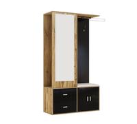 LARFOEK Set appendiabiti con specchio, scarpiera con scarpiera, 2 ganci e asta appendiabiti allungabile, guardaroba compatto, 100 x 38 x 180 cm, nero e legno