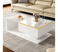 LARFOEK Tavolino da salotto, lucido, con illuminazione a LED, tavolino con vano portaoggetti, moderno, quadrato, bianco, 90 x 50 x 32,5 cm