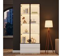 LARFOEK Vetrina con illuminazione a LED, vetrina in vetro con 4 ripiani e 2 cassetti, armadietto alto per soggiorno, bianco, 80 x 34 x 200 cm