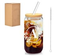 Larfraecy Tazza di vetro personalizzata A-Z 16Oz Iniziale Bicchiere di Vetro con Coperchi di Bambù e Cannuccia,Tazze da Caffè e di Succo,Bicchiere di Vetro Regali Per donne Mamma,Sorelle (A)