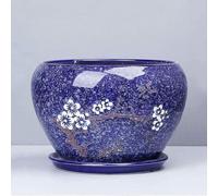 Large Blue Ceramic Flower Pot with Drainage Hole and Saucer, Round Painted Floral Planter, Breathable Decorative for Garden, Balcony, Succulents(14.5 * 12CM)