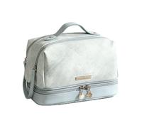 Large Capacity Double-Layer PU Leather Travel Cosmetic Bag Organizer | waterproof leather,wide flat open layout,built-in clear divider,hand carry handle,holds skincare makeup brushes